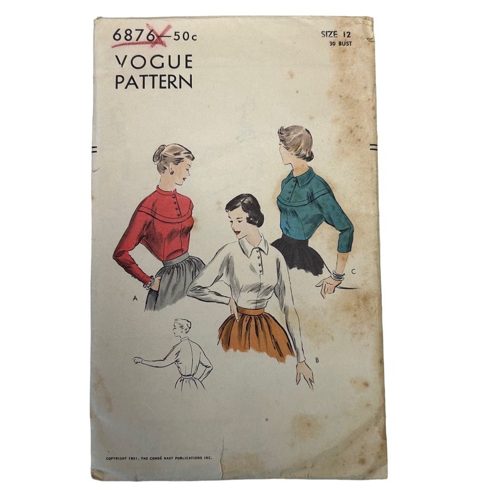 Vogue Vintage 1950's Pattern #6876‎ Women's Blouse Size 12